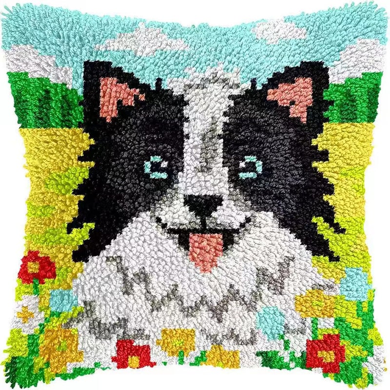 LUDOTEK Colorful Dog Latch Hook Kits for Adults Beginners Cute Animals Latch Hook Pillow Kit Pre-Printed Latch Hook Rug Kits Cross-Stitch Embroidery Cushion for Home Sofa Decoration 17x17 in. - Image 1